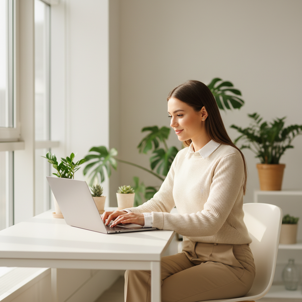Professional working on laptop in a bright modern workspace